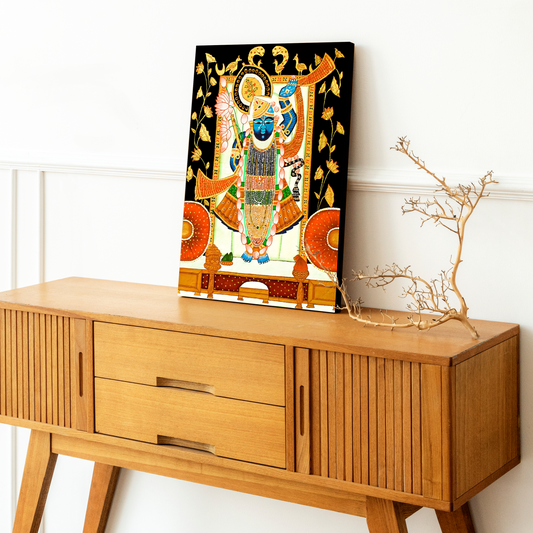 Shrinath Ji Pichwai Wood Print Wall Art Black & Gold