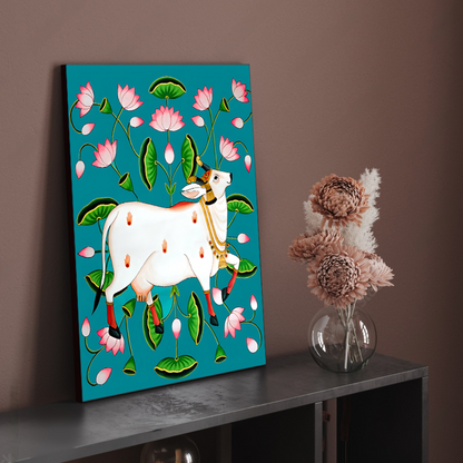 Sacred Cow Pichwai Wood Print Wall Art Blue