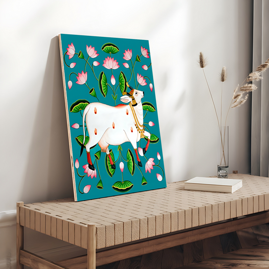 Sacred Cow Pichwai Wood Print Wall Art Blue