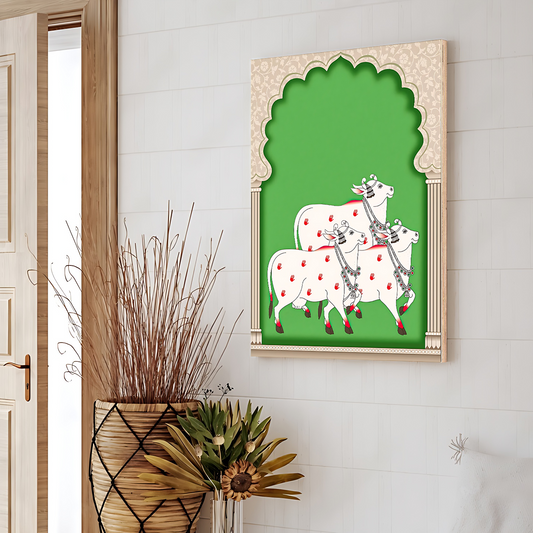 Sacred Cow Pichwai Wood Print Wall Art Green