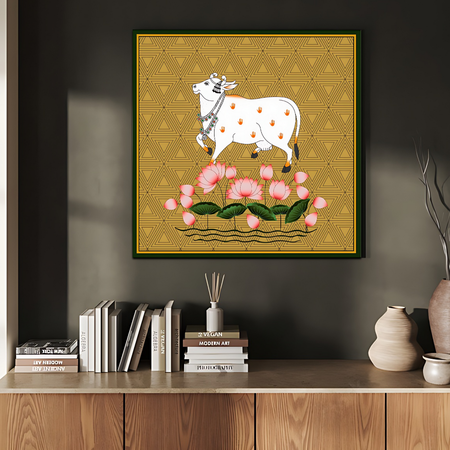Sacred Cow Pichwai Wood Print Wall Art Gold