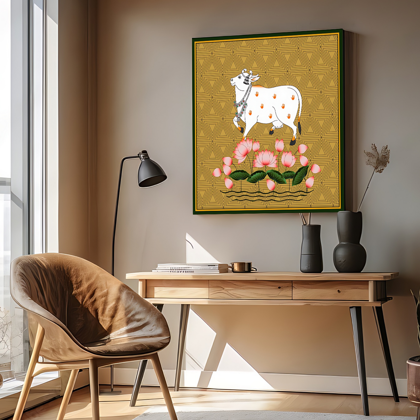 Sacred Cow Pichwai Wood Print Wall Art Gold