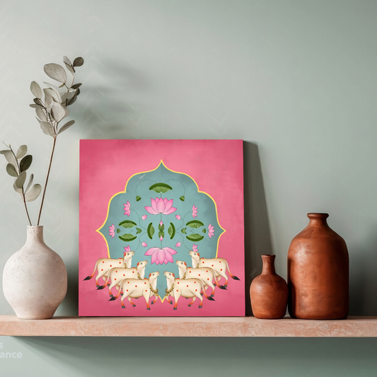 Sacred Cow Pichwai Wood Print Wall Art Pink
