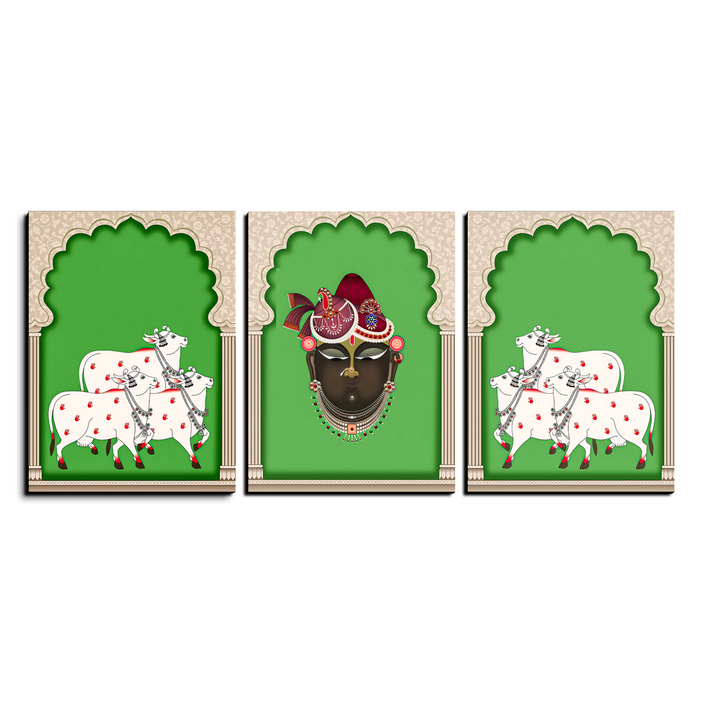 Set of 3 Shrinath Ji and Cow Pichwai Wood Print Wall Art