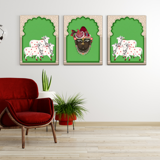 Set of 3 Shrinath Ji and Cow Pichwai Wood Print Wall Art