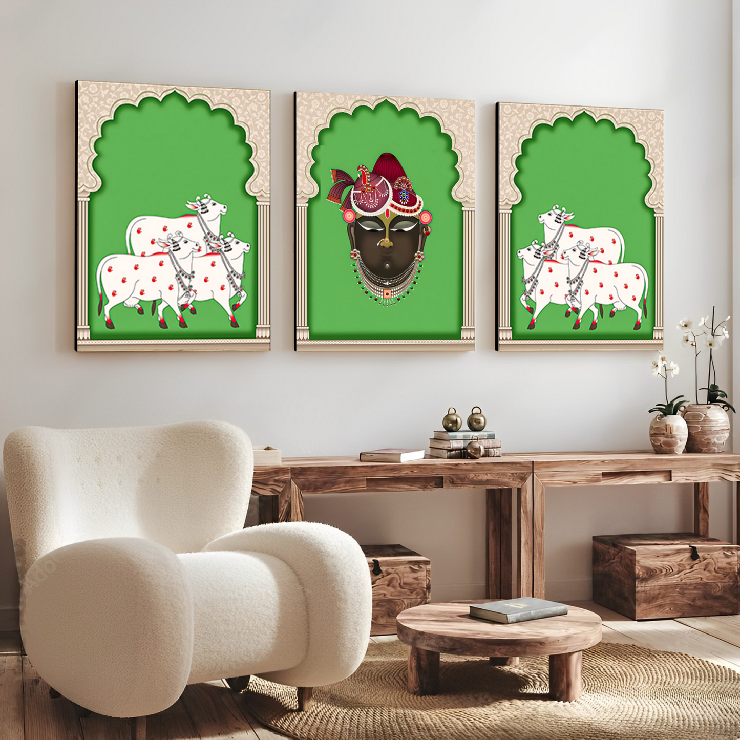 Set of 3 Shrinath Ji and Cow Pichwai Wood Print Wall Art