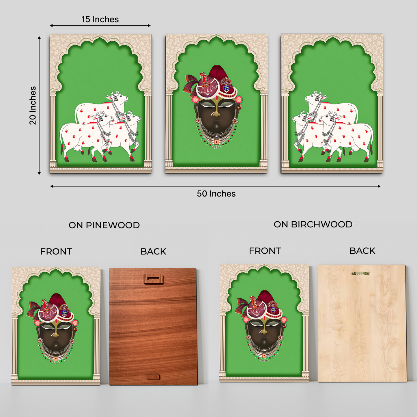Set of 3 Shrinath Ji and Cow Pichwai Wood Print Wall Art