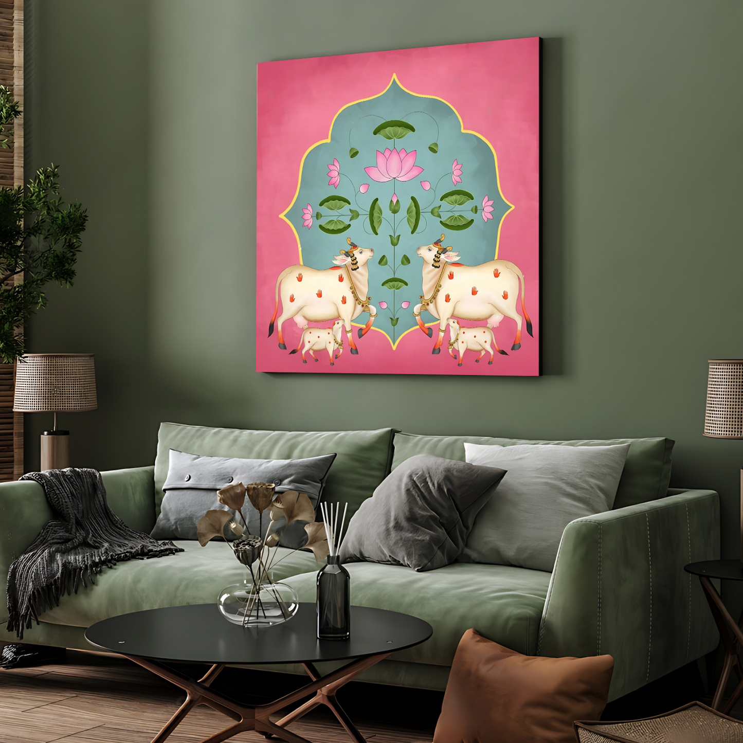 Sacred Cows Pink Pichwai Wood Print Wall Art Pink