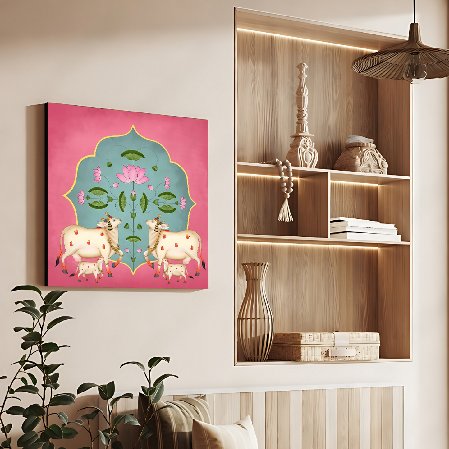 Sacred Cows Pink Pichwai Wood Print Wall Art Pink