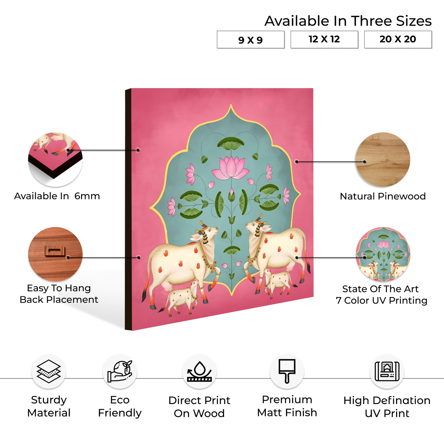 Sacred Cows Pink Pichwai Wood Print Wall Art Pink