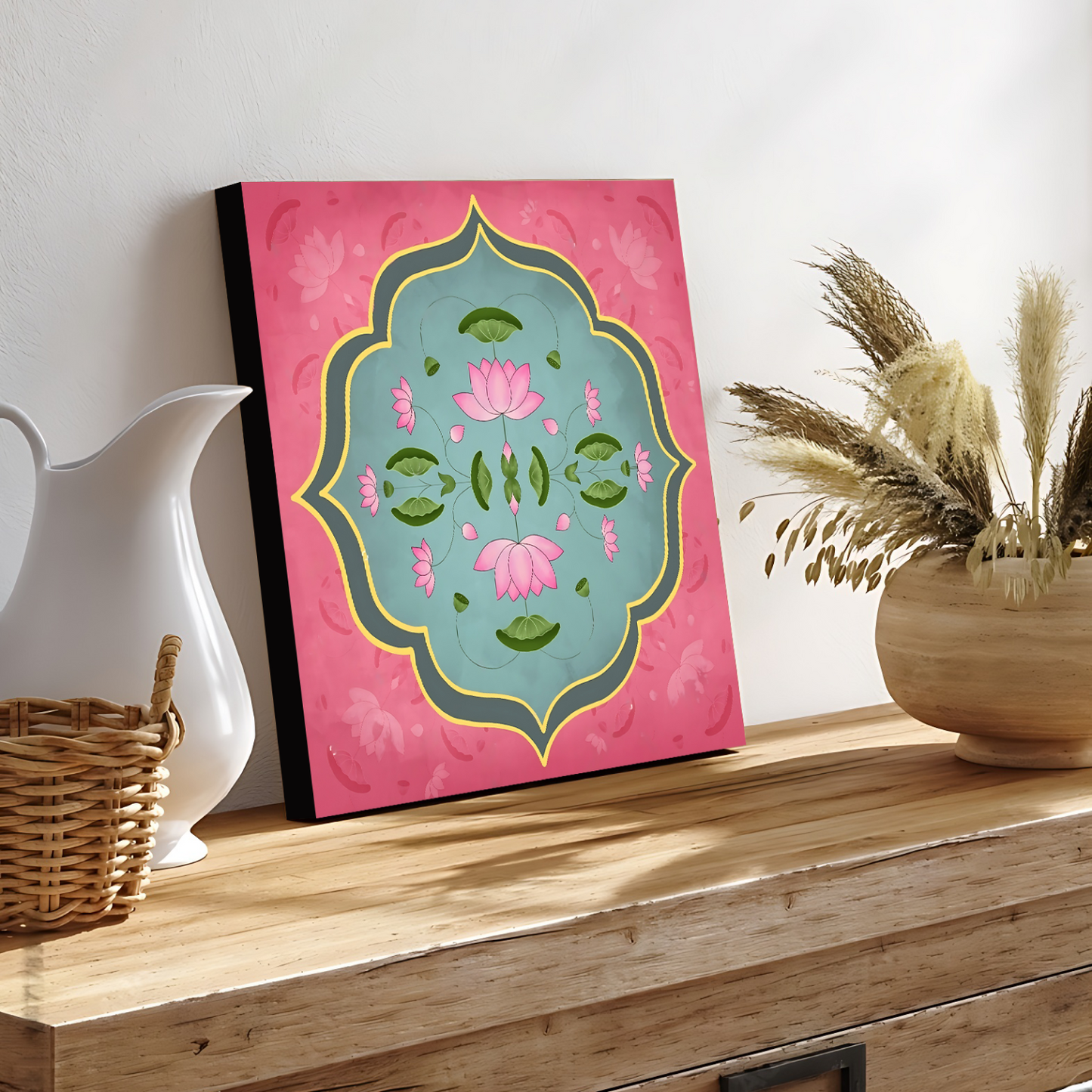 Pink Pichwai Wood Print Wall Art Pink