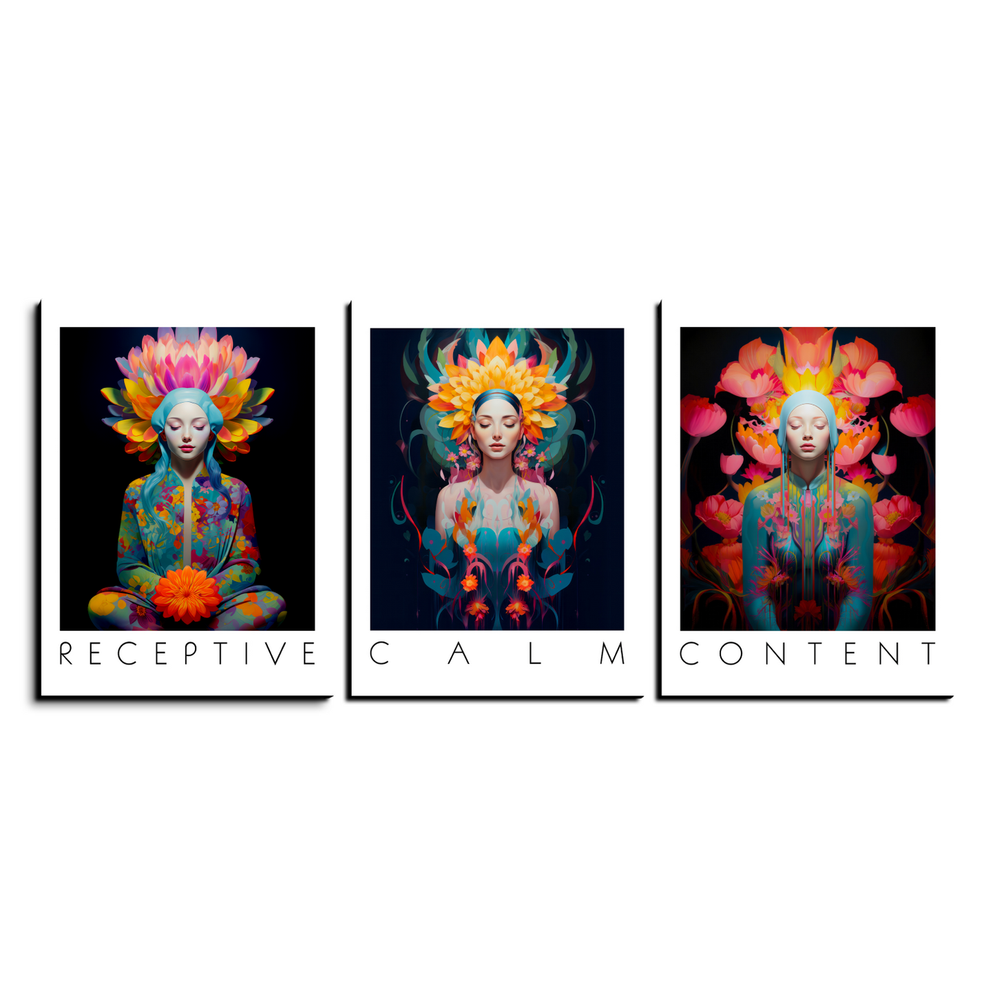 Set Of 3 Calm, Content, Receptive Spiritual Yoga Studio Wood Print Wall Art