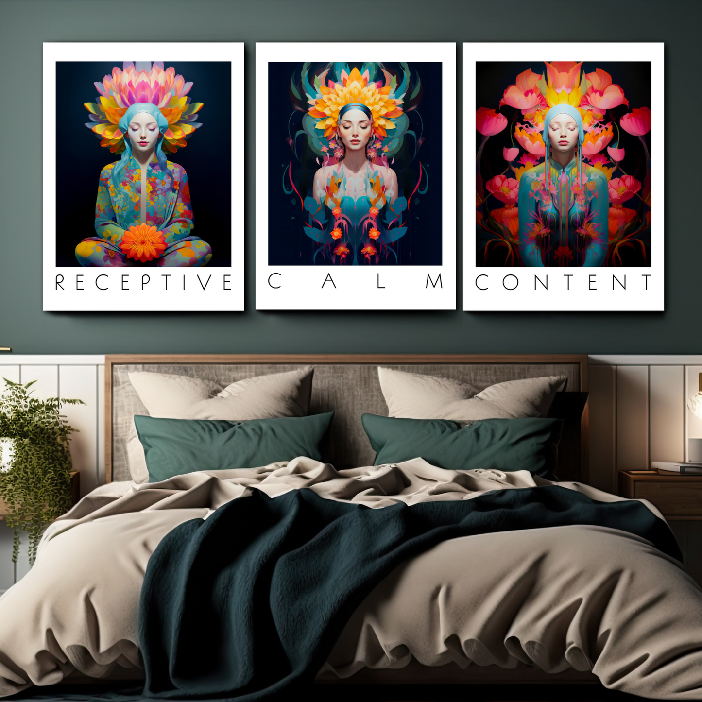 Set Of 3 Calm, Content, Receptive Spiritual Yoga Studio Wood Print Wall Art