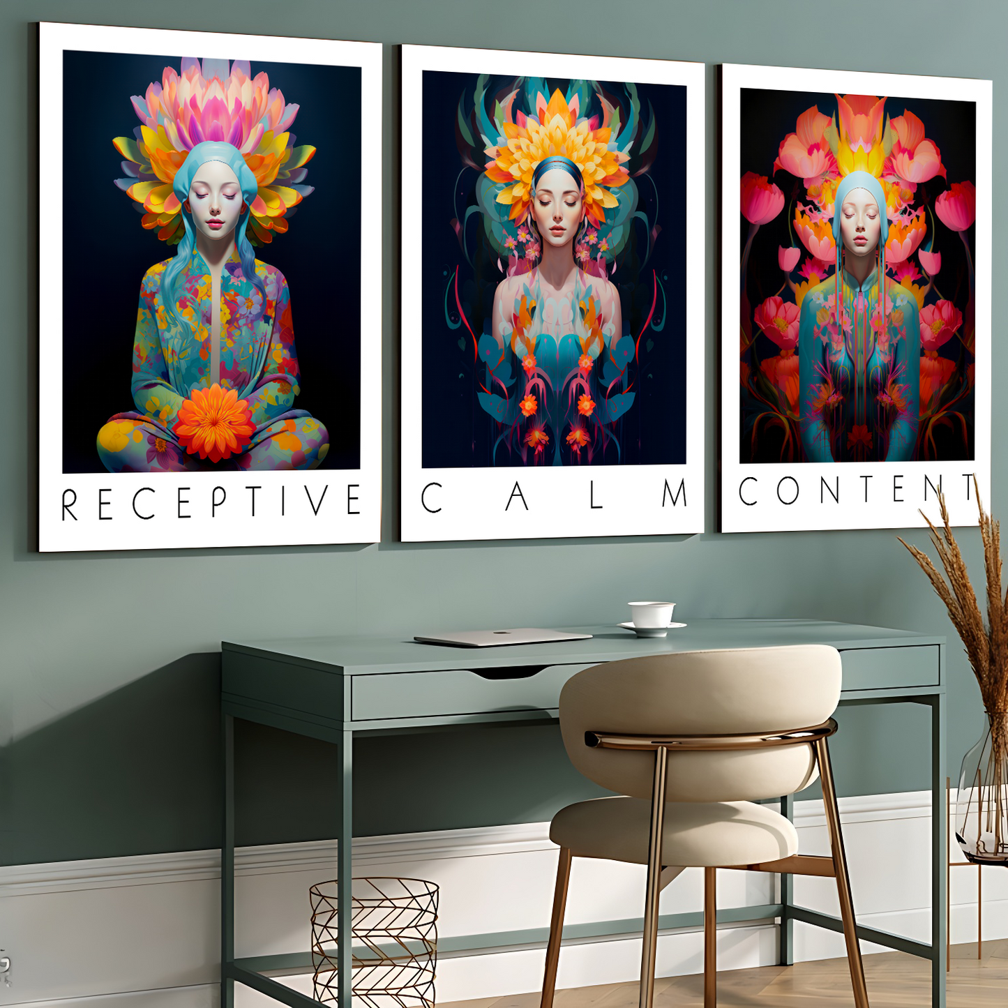 Set Of 3 Calm, Content, Receptive Spiritual Yoga Studio Wood Print Wall Art