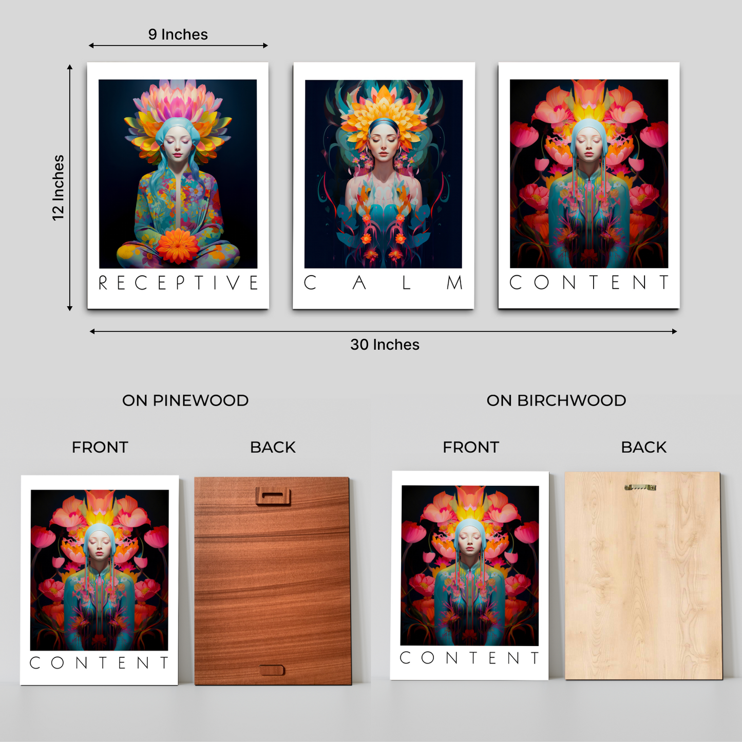 Set Of 3 Calm, Content, Receptive Spiritual Yoga Studio Wood Print Wall Art