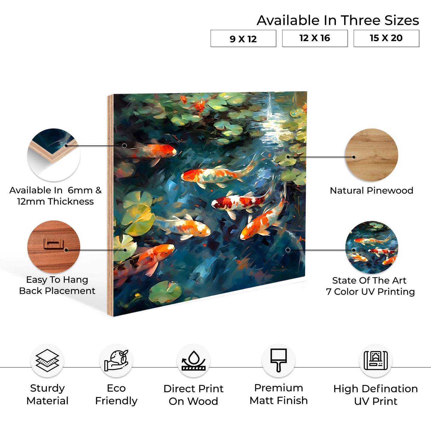 Koi Pond Fish Wood Print Feng Shui Vastu Wall Art