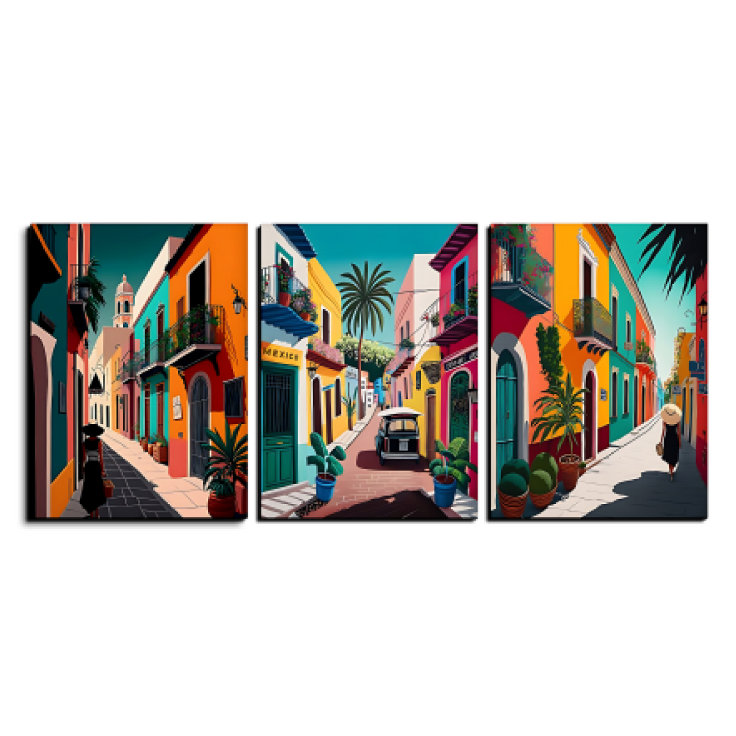 Mexico Street Colorful Wood Print Wall Art Set of 3