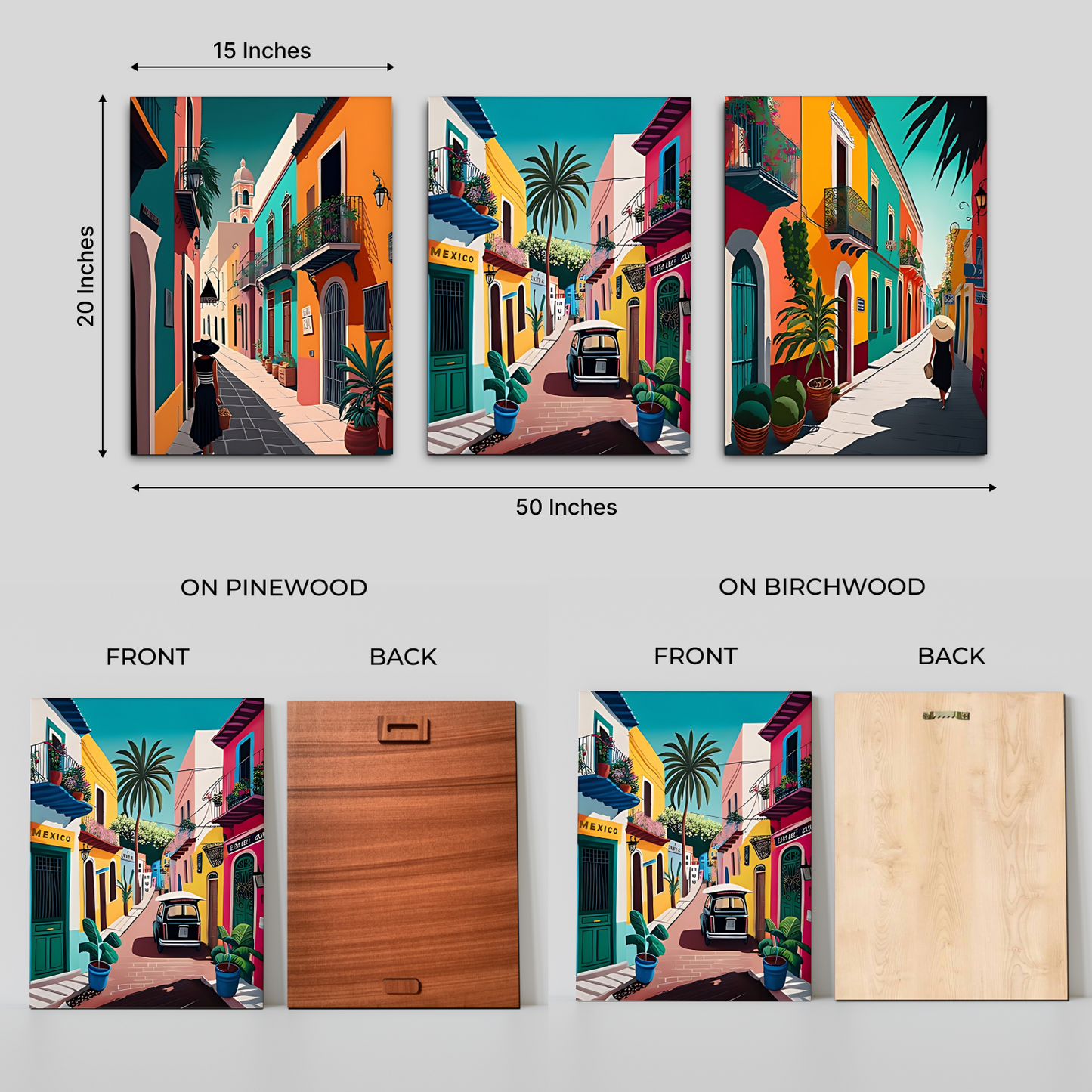 Mexico Street Colorful Wood Print Wall Art Set of 3