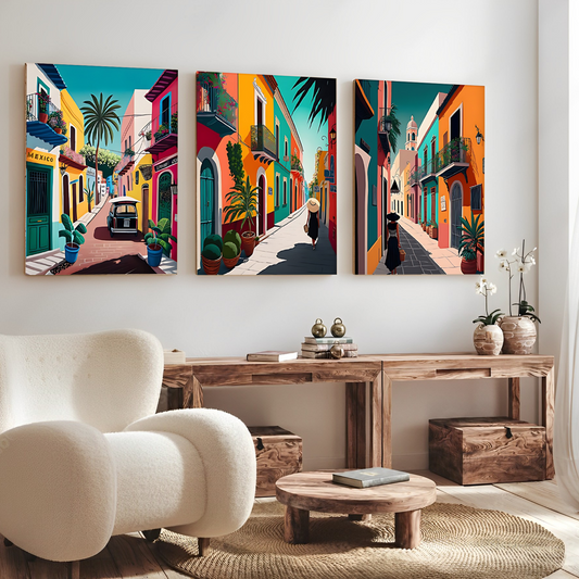 Mexico Street Colorful Wood Print Wall Art Set of 3