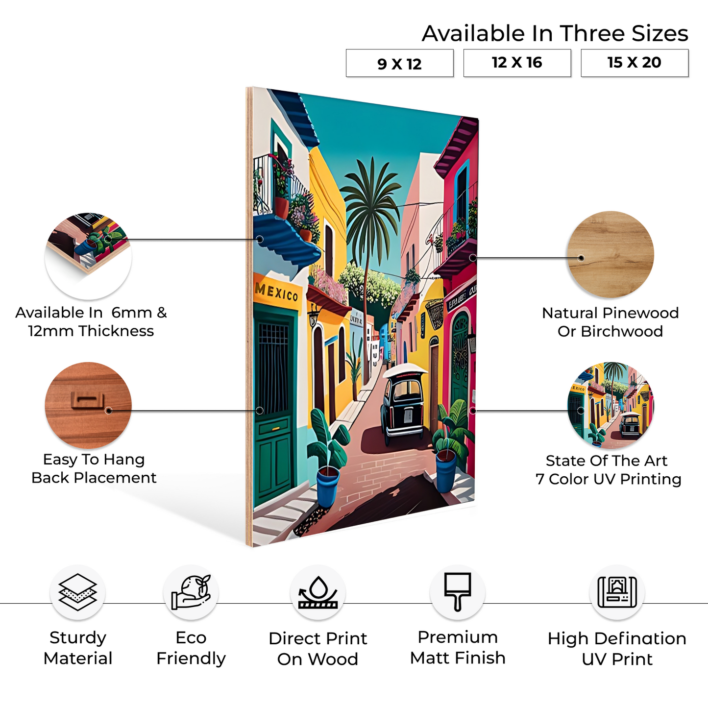 Mexico Street Colorful Wood Print Wall Art Set of 3