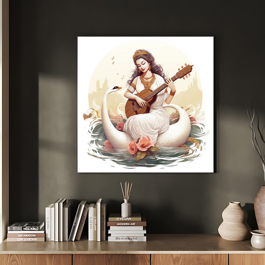 Goddess Saraswati Playing With Veena Wood Print Wall Art