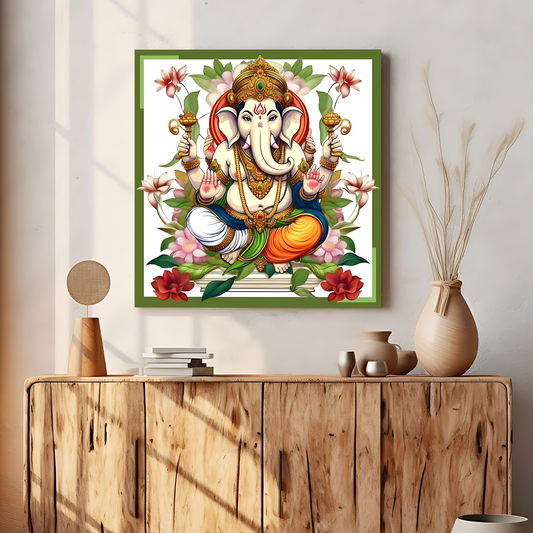Ganesh Ji With Lotus Colorful Wood Print Wall Art