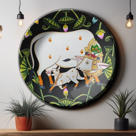 Indian cow and calf traditional wall art plate