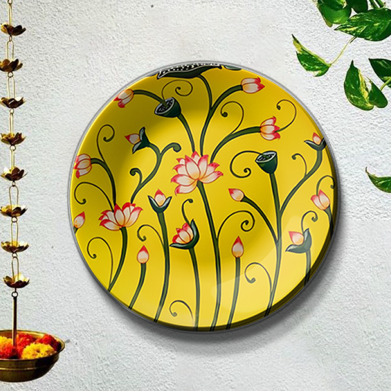 Pink Lotus Yellow Ceramic Wall Plate Home Décor