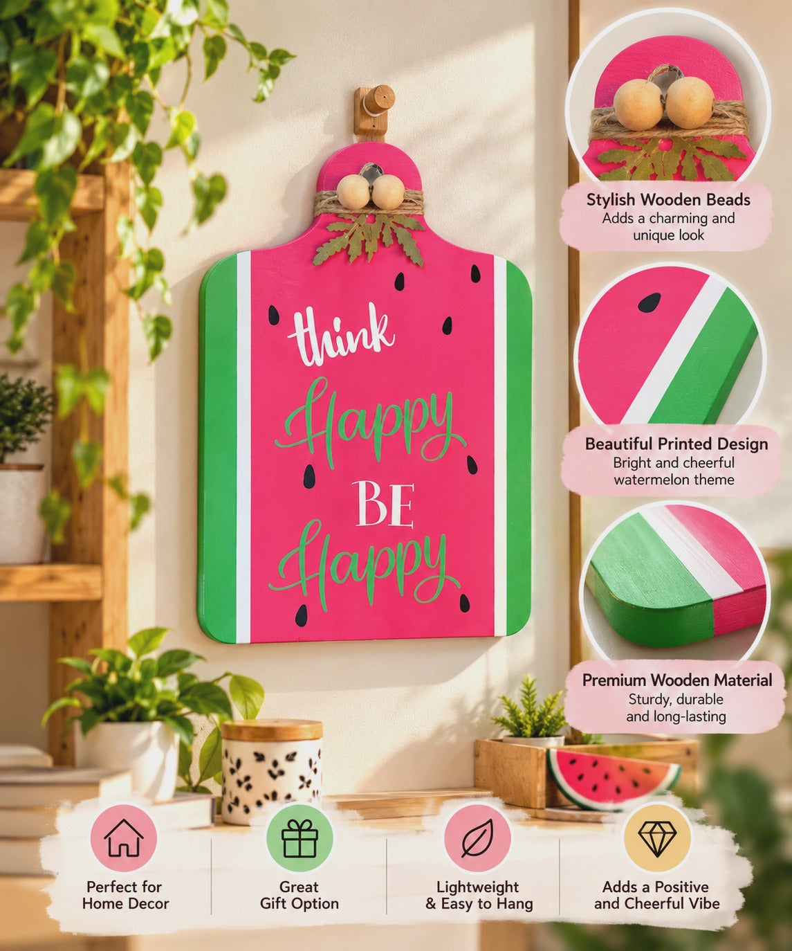 Chalk my Theme  Wooden Water Melon style Wall Hanging and Decorative item (Think Happy Be Happy)