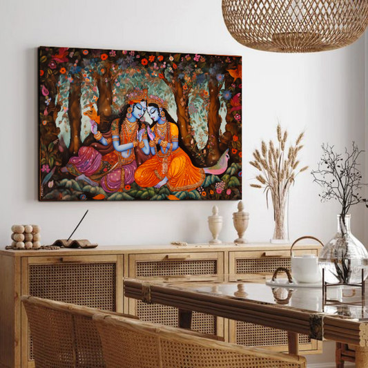 Radha Krishna  and Colorful Flowers Wood Print Wall Art