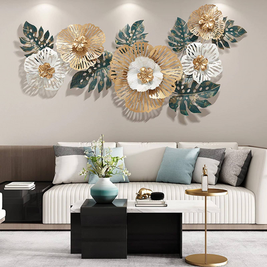 White and Gold With Green Leaves Metal Wall Art