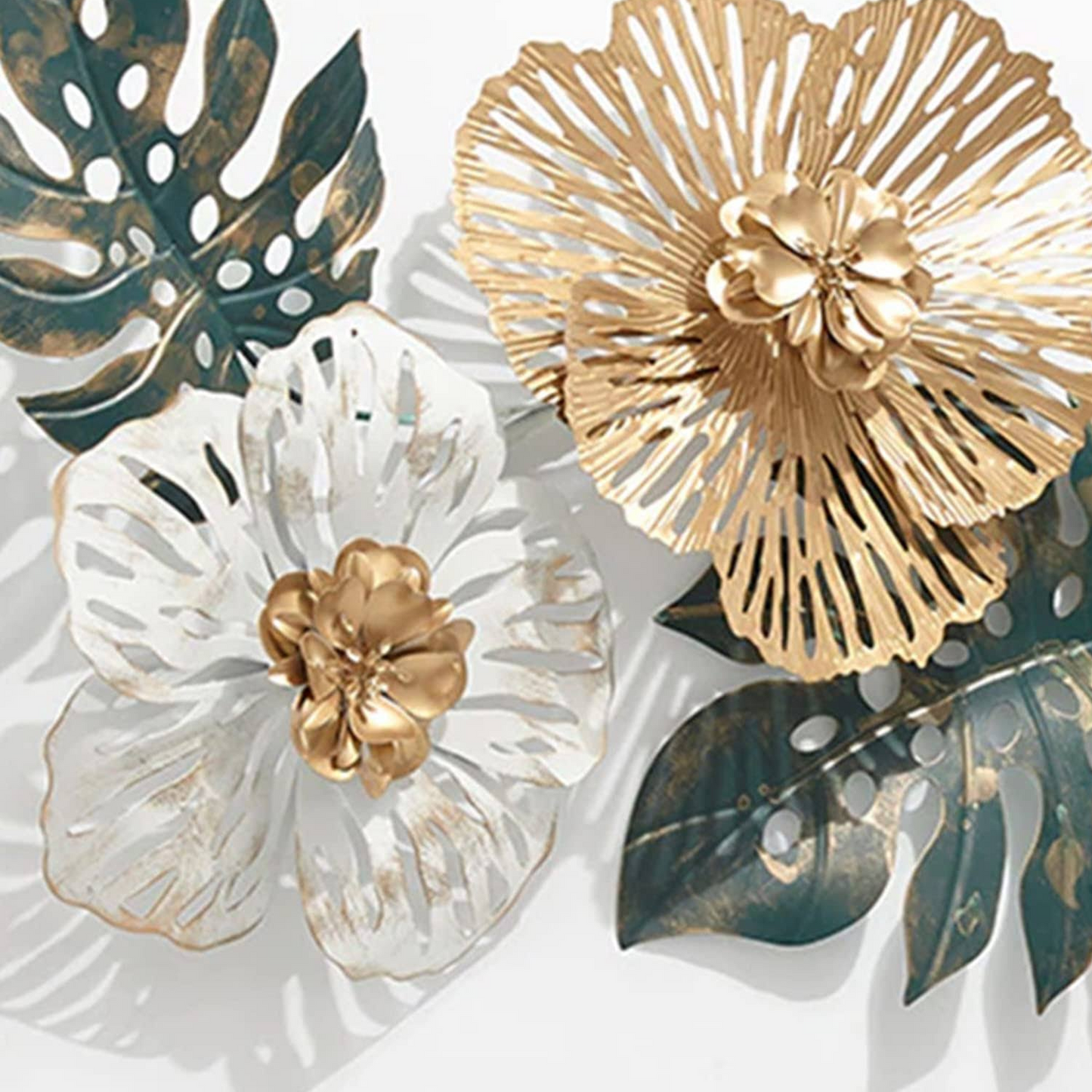 White and Gold With Green Leaves Metal Wall Art
