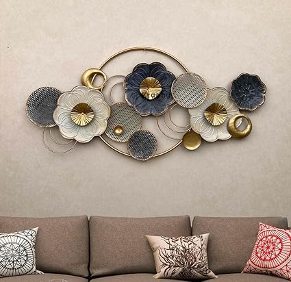 Grey and White Flowers Circle Metal Wall Art