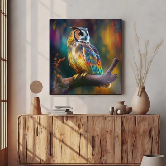 Owl Sitting on Branch Wood Print Wall Art