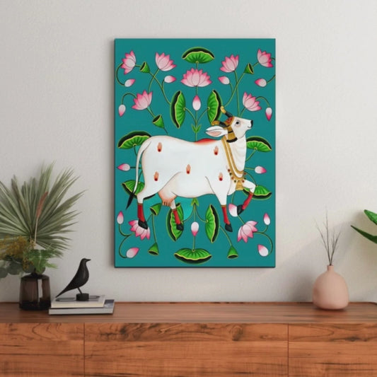 Sacred Cow Pichwai Wood Print Wall Art Blue