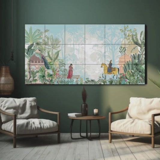 Emperor Riding Horse, Standing Woman In A Garden Wood Print Wooden Luxury Wall Tiles Set