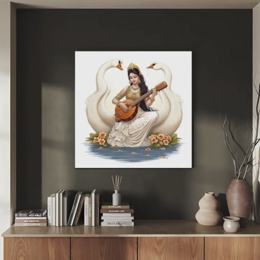 Goddess Saraswati With Veena Wood Print Wall Art