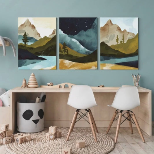 Mountain Night Wood Print Wall Art Set of 3