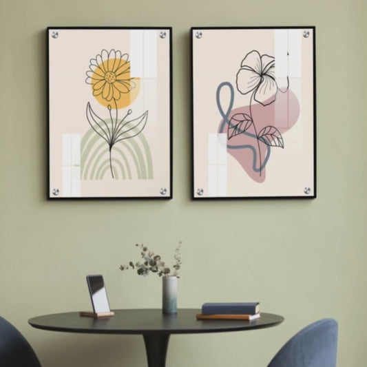 Minimalist Flower and Leaves Wood Print Wall Art Set of 2