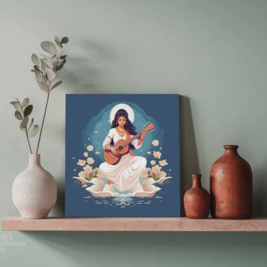 Goddess Saraswati Blue Wood Print Wall Art