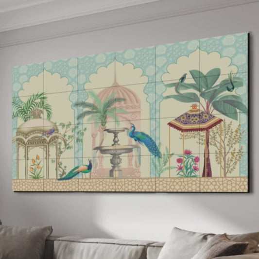 Peacock Couple in Garden Traditional Wood Print Wooden Wall Tiles Set
