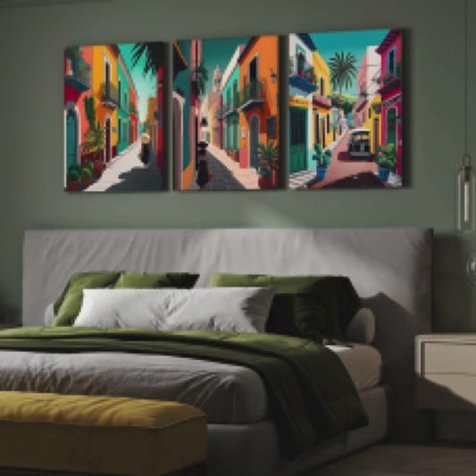 Mexico Street Colorful Wood Print Wall Art Set of 3