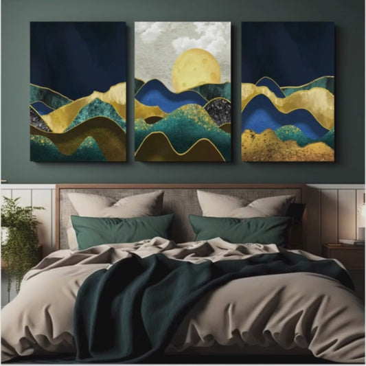 Blue & Gold Landscape Wood Print Wall Art Set of 3
