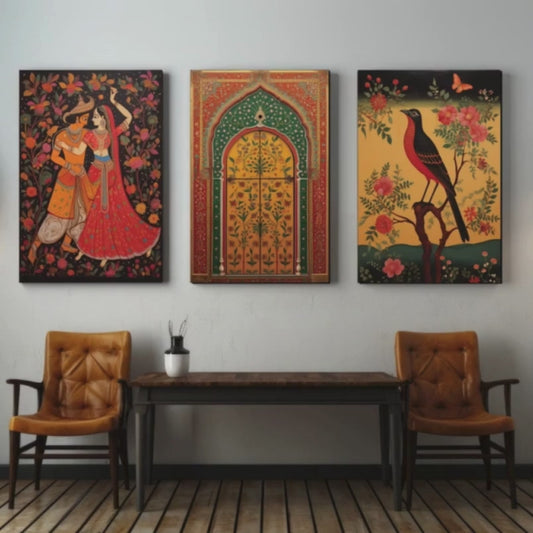 Traditional Rajasthani Couple Pichwai Wood Print Wall Art Set of 3