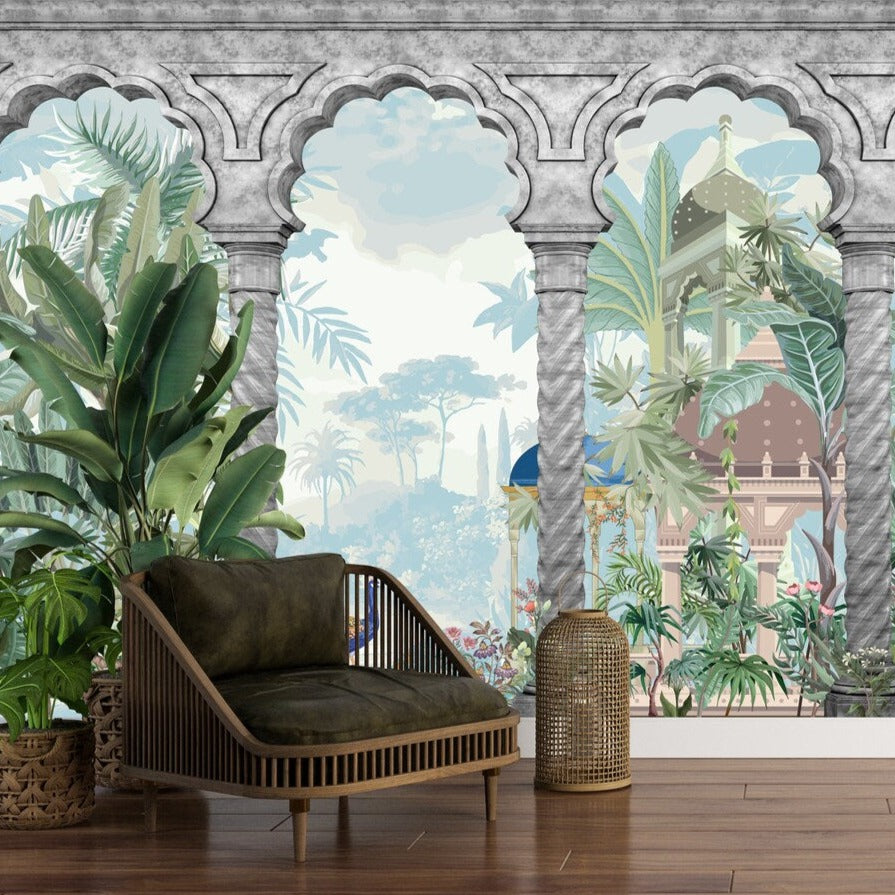 Historical Indian Landscape Wood Print Luxurious Wooden Wall Tiles Set