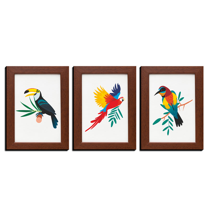 Beautiful Birds With Brown Printed Wood and Acrylic Print Wall Art Set of 3