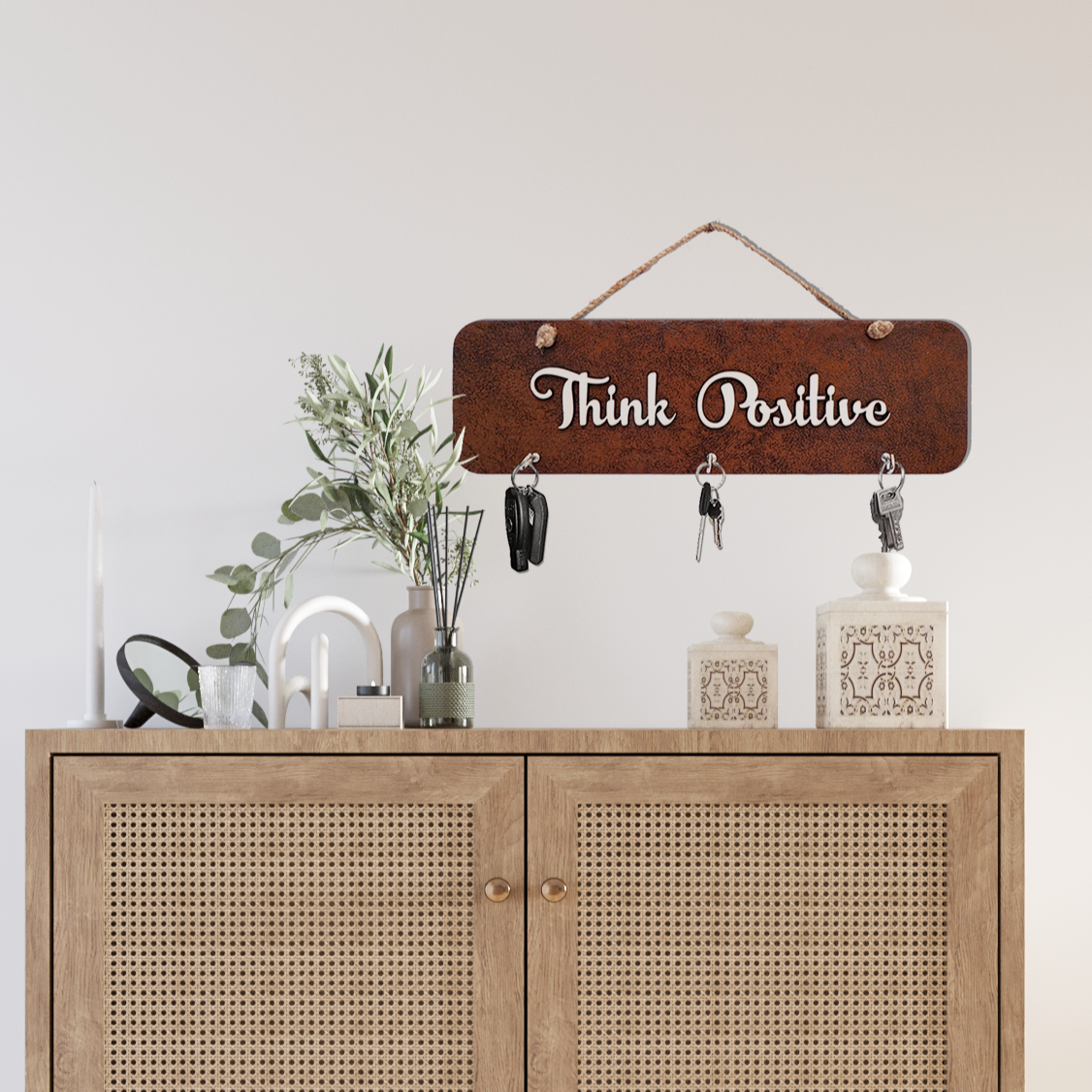 Think Positive Quote Leather Key Holder With 3 Hooks & Jute Rope