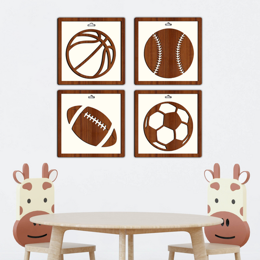 Set Of 4 Basketball, Baseball, Soccer, American Football, Framed Wooden Wall Art