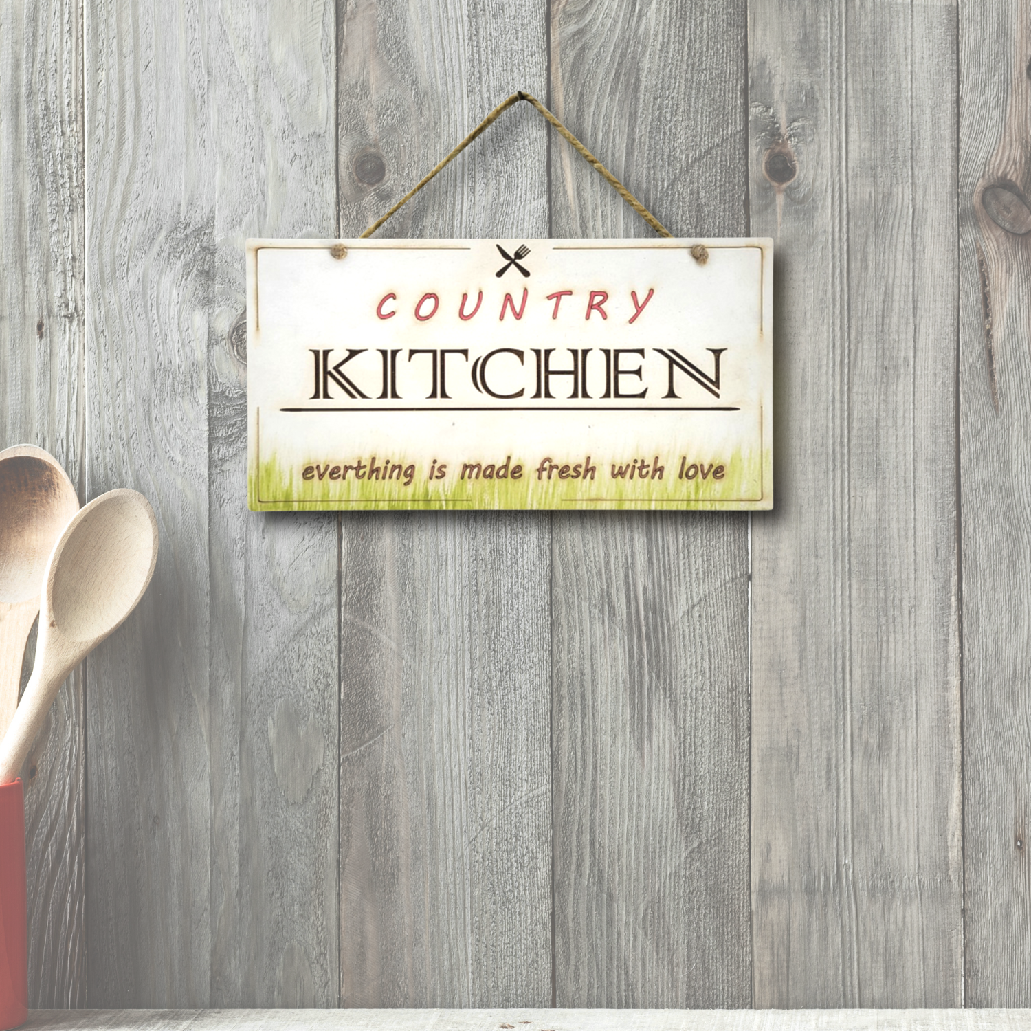 Country Kitchen Quote Rustic Wall Art - Ivory & Green