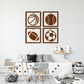 Set Of 4 Basketball, Baseball, Soccer, American Football, Framed Wooden Wall Art